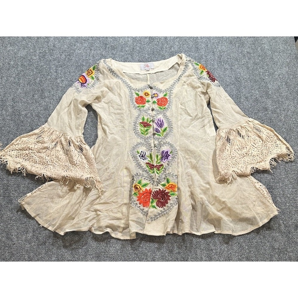 Roja Womens M Blouse Beige Netted Floral Embroidered Button Bell Sleeve Artsy